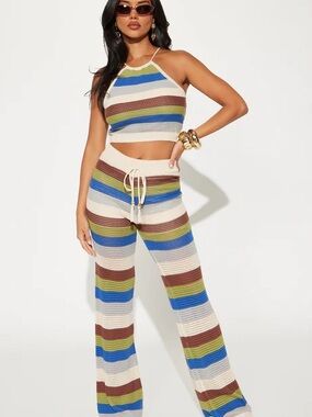 Striped Crochet Wide-Leg Pants - Cream, Blue & Green